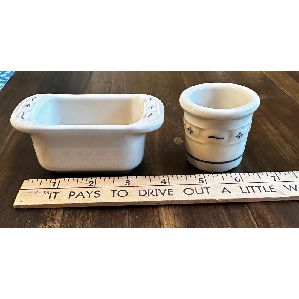 Longaberger Pottery Woven Traditions Ivory Blue Mini Loaf Pan and Crock Set